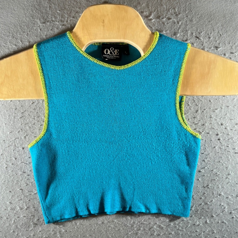 1308 | Odds & Evens 90s Y2K Contrast‎ Stitch Cropped Tank Top Teal USA Women L